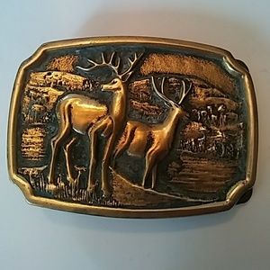 BTS solid brass vintage belt buckle 2 deers